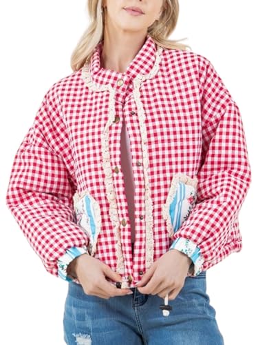 Womens Plaid Heart Pocket Jacket Snap Button Cropped Puffer Jacket Winter Gingham Heart Jacket Coat Outwear