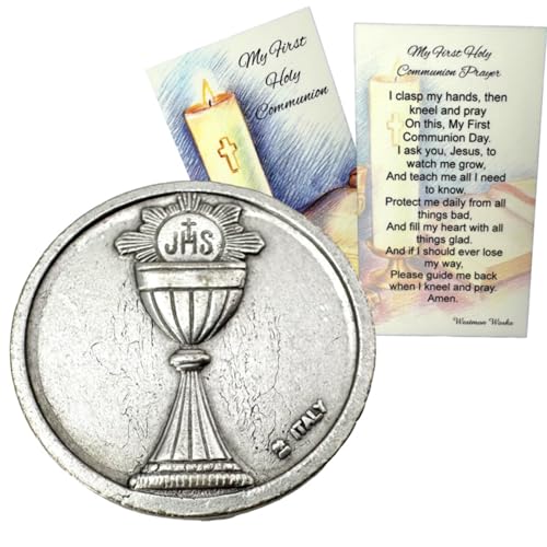Image of Westmon Works First Communion Pocket Token Set Italian Metal Prayer Trinket with Catholic Made in the USA Holy Card