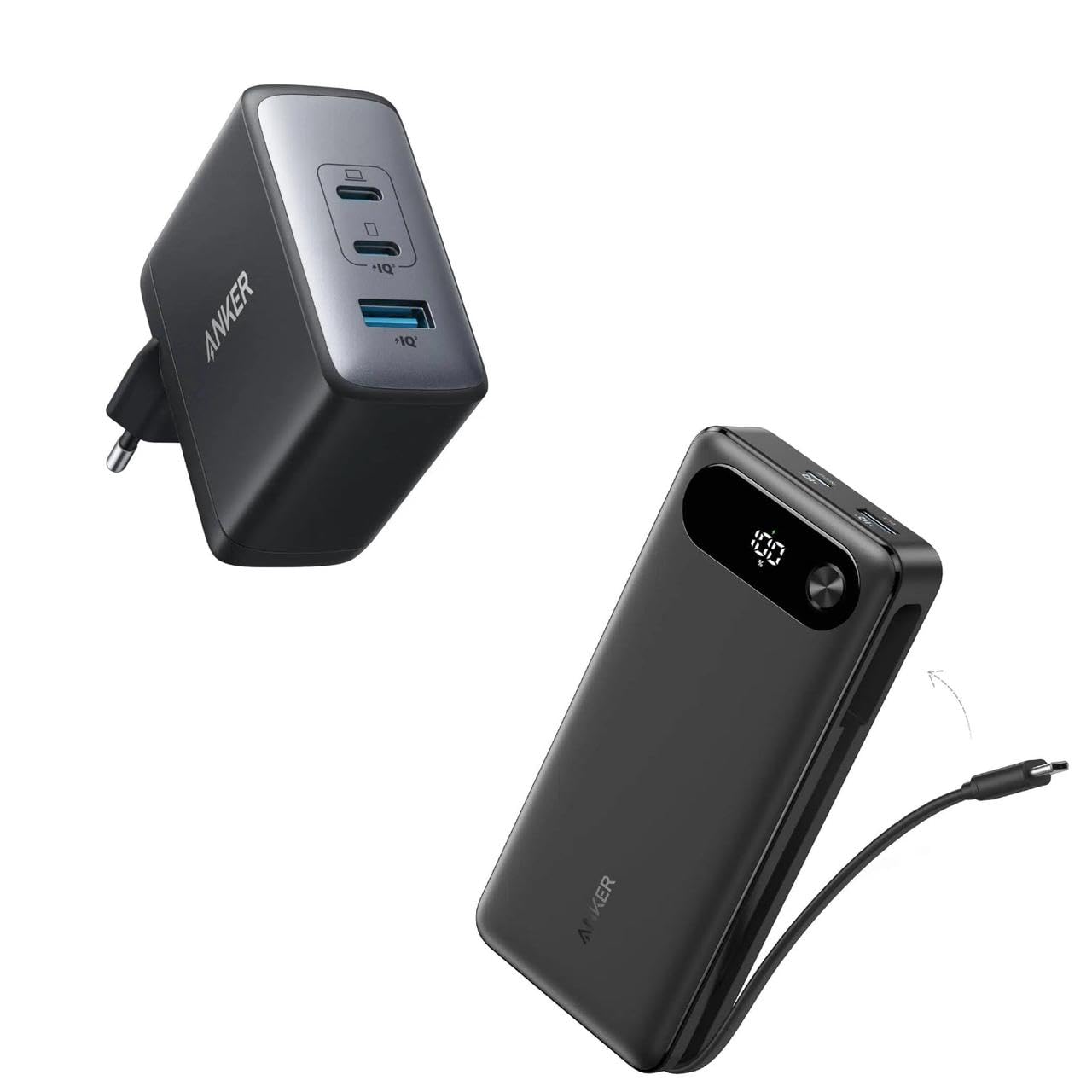 Anker Power Bank (20000 mAh, 87W, Cavo USB C Integrato) & Anker Nano Caricatore (100W, 3 Porte)