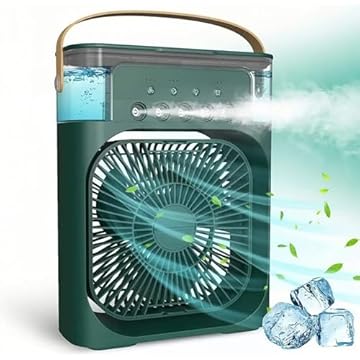 Ventilador Portátil de Mesa Mini Ar Condicionado Umidificador Climatizador com Tanque de água De 600ml, 3 Velocidades de Vento e Pulverizador de 5 Furos com Luz LED de 7 Cores (Verde)