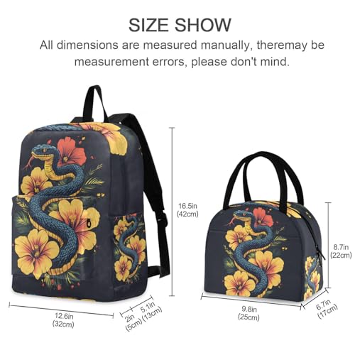 Backpack Lunch Bag Set Floral Snake Print, Big Storage Travel Backpacks with Insulated Lunch Box for Office Hiking Picnic2