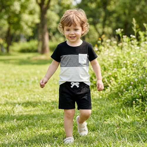 Image of Toddler Boy Clothes Baby Summer Outfit Patchwork Tee Shorts 12M-4T | Soft Patchwork Tee, Pocket Shorts With Stretch Waistband, Breathable For Summer Play, Machine Washable
