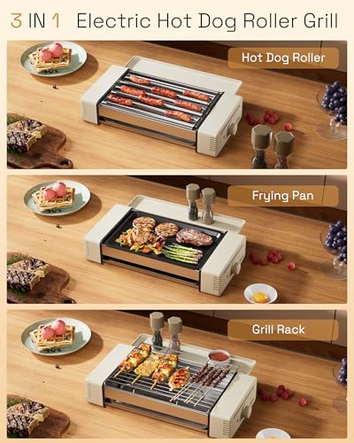 HBN 3-in-1 Hot Dog Roller Grill Machine with Nonstick Plate & Grill Rack, 800W Compact Indoor Electric Sausage Griller for Kitchen, Home, Small Space Use (Beige) - Thumbnail 2