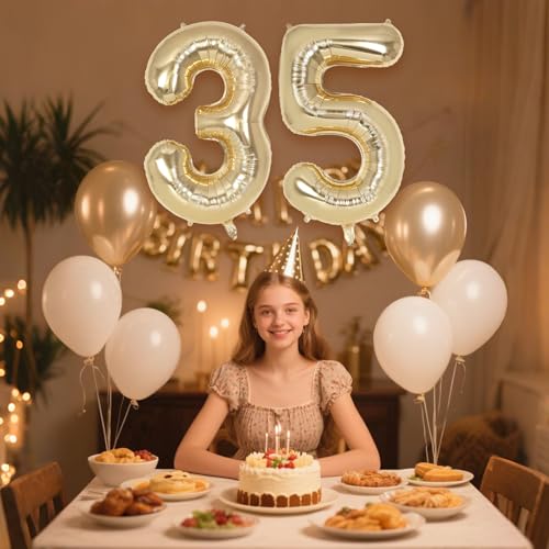 Image of Champagne Large Number 35 Balloon, 40 Inch Light Gold Foil Helium Number Balloons, Giant Mylar Number 35 Balloons for 35 Years Old Birthday Party Anniversary Decorations (Champagne Gold 35)