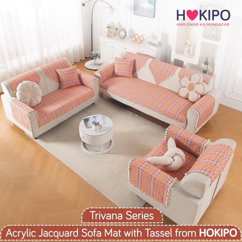 Image of HOKIPO Sofa Backrest Cover with Tassel | 300 GSM Thick Cotton Acrylic Jacquard Fabric Backrest Mat, Size 55x70 cm,'Trivana Series' Coral Orange (IN-932-J2)