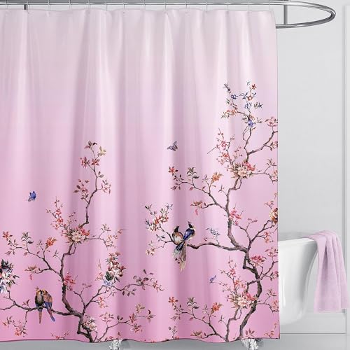 LIVETTY Rideau de douche rose à motifs d'oiseaux et papillons 180 x 200 cm Résistant à la...