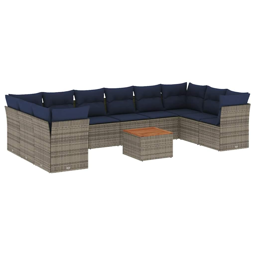Juego de muebles de jardín modulares de ratán gris PE de 11 piezas, mesa con tablero de acacia, cojines y compartimentos de almacenamiento impermeables