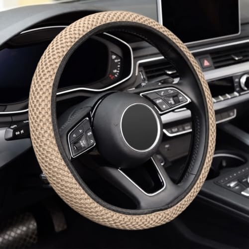 Image of KAFEEK Elastic Stretch Steering Wheel Cover, Universal 15 Inch, Beige