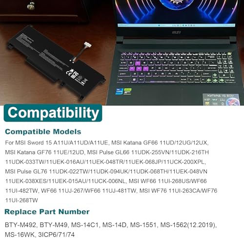 Image of ASUNCELL BTY-M492 Laptop Battery Replacement for MSI WF66 WF76 11UI 11UJ Katana GF66 11UD 12UG 12UX GF76 11UE 12UD Crosshair 15 17 A11UCK A11UDK A11UEK Sword 15 A11U A11UD A11UE Pulse GL66 GL76 7506
