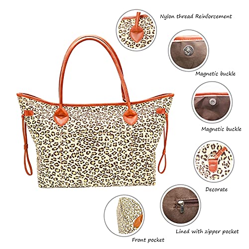Bolso tote de lona con estampado de leopardo, bolso de hombro grande y práctico para mujeres, con asas resistentes de cuero sintético PU miniatura 5