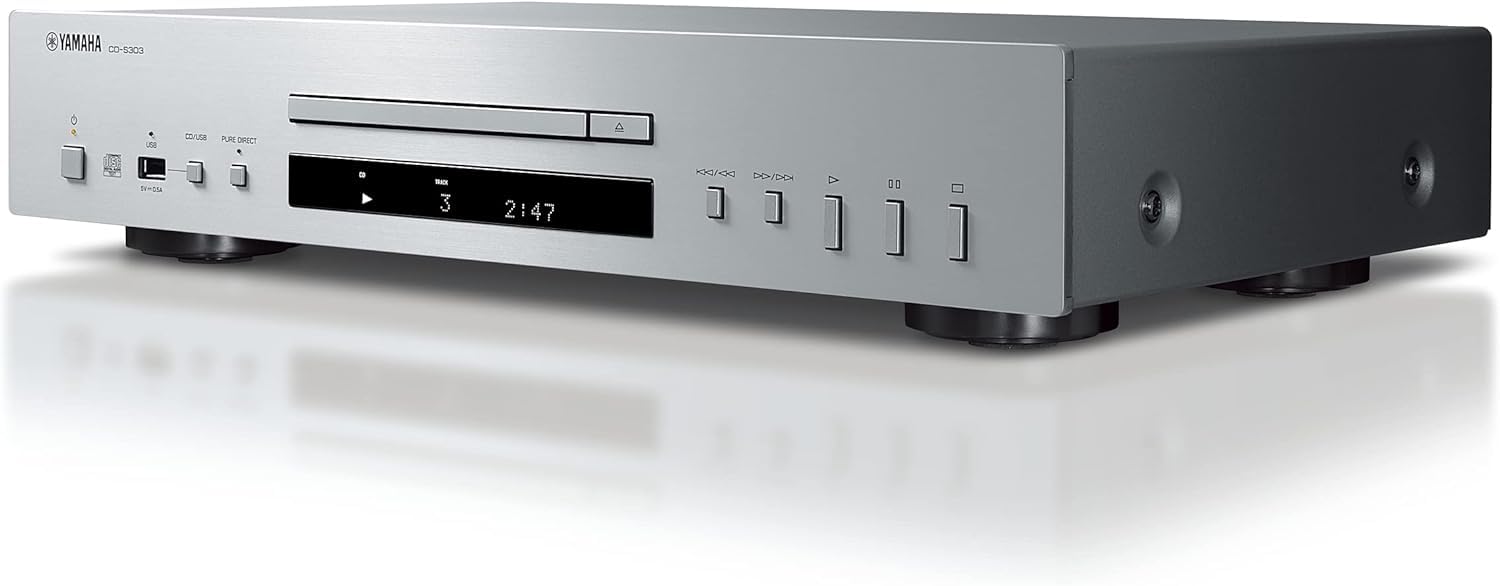 Yamaha CD-S303 - Lettore CD con DAC ad Alte Prestazioni da 192 kHz/24 bit, Pure Direct, Porta USB, Supporto Audio ad Alta Risoluzione, Argento & KabelDirekt – 1m Cavo RCA, PRO Series