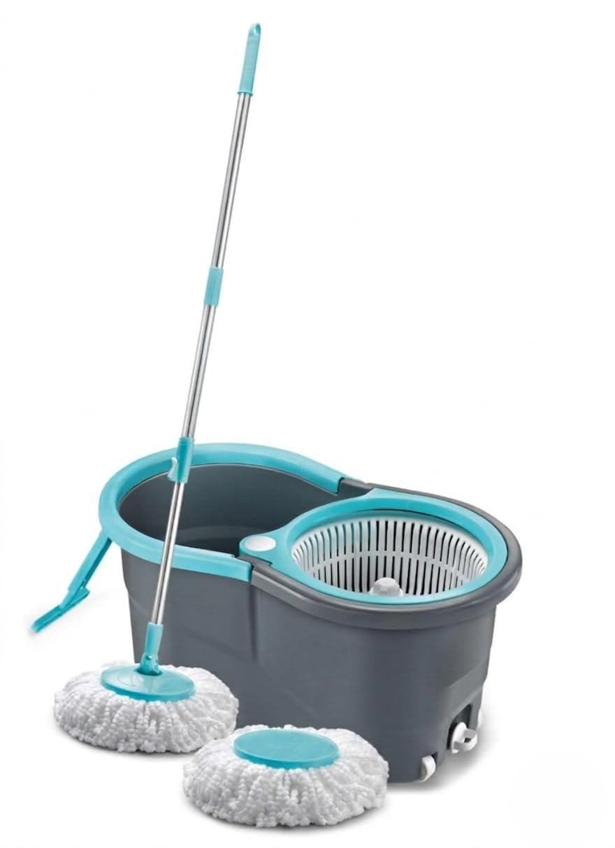 Twin Bucket Spin Mop with Wheels and Puller Handle | 360° Adjustable Steel Handle | 2 High Absorbency Microfiber Refills | Pocha for Floor Cleaning - Home, Kitchen, Bathroom & Office (Grey)-image-38