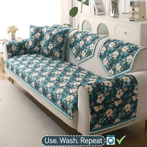 Image of HOKIPO 'Florentina Series' Premium Holland Velvet 5 Seater Sofa Cover Mat in 3+1+1 Configuration with Foam Filling for Extra Softness, Anti-Slip Backing, Pansies Teal (IN-881+878 * 2-V5)