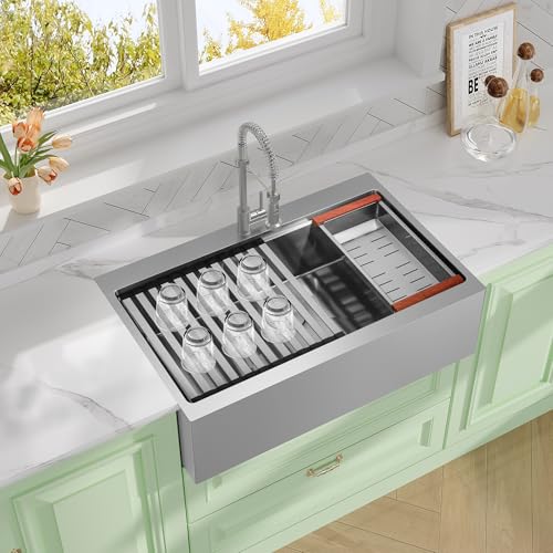 Rhbamoa 33 inch Stainless Steel Farmhouse Sink,16-Gauge T304 Stainless Steel Drop in Kitchen Sinks,Single Bowl Apron Front Kitchen Farm Sink,Deep Topmount Workstation Sinks with All Accessories