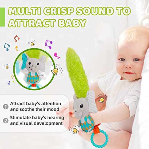 Rattles For Babies 0-6 Months- Infant Toys Soft Rattle With Teether, Newborn Sensory Toys Plush Baby Rattles 0-6 Months Toys, Baby Toys 0-3 Months Idea Shower Gifts For Boy Girl, Green Elephant #TOP2