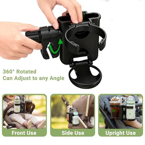ZealSound 3-in-1 Kinderwagen Getränkehalter, Faltbarer Doppel-Cupholder mit Handyhalter, Universaler Getränke- & Kaffeebecherhalter für Kinderwagen, Fahrräder, Rollstühle für ABC Design Cybex Hauck