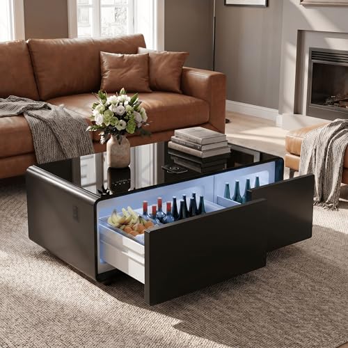 LIVTAB Smart Coffee Table, 23' D x 41.5' W x 18.2' H, Living Room Table with Built in Fridge and Speakers, Smart Table with 15W Wireless Charging, USB Chargers (Black)