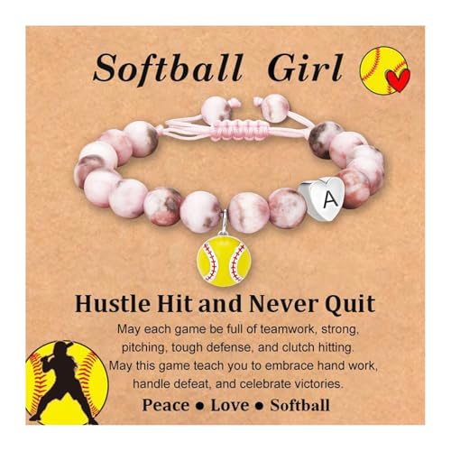 Fervia Softball Bracelet Heart Initial Gifts for Girls Women Sports Accessories Jewelry Gift Ideas for Christmas Birthdays(A)
