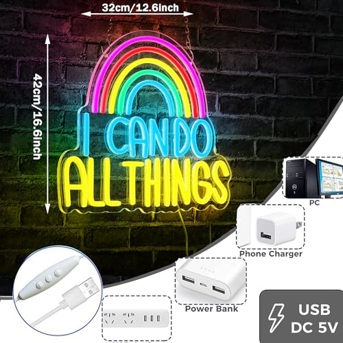 Image of I CAN DO ALL THINGS Neon Lights, LED Neon Signs for Wall Decor, Rainbow Neon Light Sign Neon Room Decor,USB Night Lights for Bedrooms,Bookshops,Libraries, Classrooms,Florists, Parties, Holiday Gifts (16.5*12.6in)
