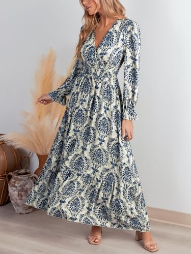 CUPSHE Maxi Dresses for Women V Neck Ruffled Long Sleeve Paisley Smocked Waist A Line Casual Flowy Fall Wedding Guest Dress2