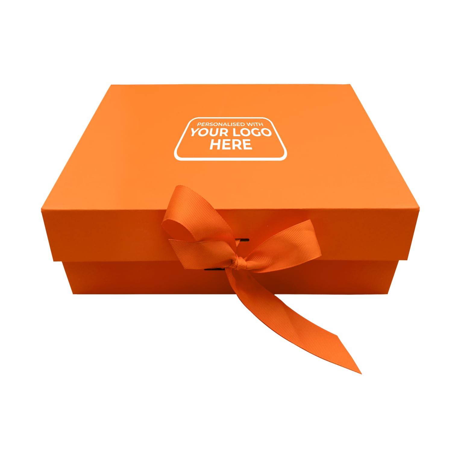 Personalised Present Box Large Magnetic Gift Box with Lid & Ribbon, Rigid Keepsake Box 26 x 18.5 x 8.3 cm, Box for Christmas, Hanukkah, Weddings, Birthdays & All Occasions (Orange Box with Logo)