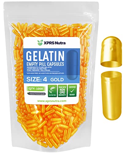 Image of XPRS Nutra Size 4 Empty Capsules - 1000 Count Small Empty Gelatin Capsules - Pills DIY Capsule Filling - Fillable Pure Bovine Pill Gel Caps for Do-It-Yourself Supplements (Gold)