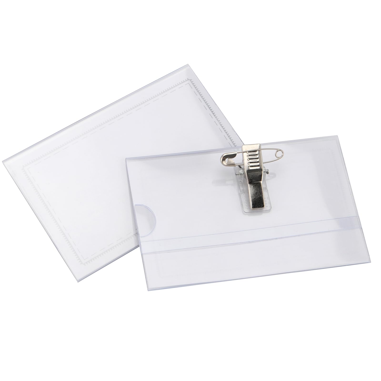 DAKFOOK 100 Pcs Plastic Name Badges, 9 x 5.6cm Clear Name Badge Holders with Crocodile Clip and Safety Pin - Image 2