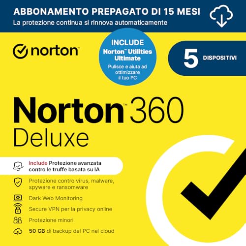 Norton 360 Deluxe 2026 + Utilities Ultimate | Antivirus 5 dispositivi | 50 GB backup | 15 mesi...