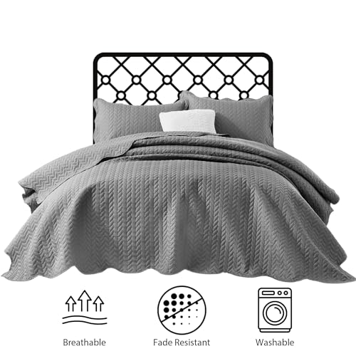 IR Imperial Rooms Queen Quilt Bedding Set Size (90" x 96") + 2 Pillow Shams (20" x 26"+ 2") - 3 Pcs All Season Lightweight Reversible Microfiber Coverlet Embossed Quilt Bedspread (Grey)