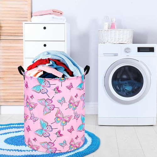 Image of Round Pink Butterfly Laundry Basket Storage Bins Nursery Hamper Gift Baskets for Home,Office,Home Decor