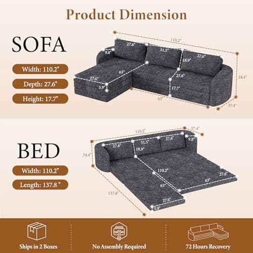 Image of Vesgantti 6 in 1 Convertible Folding Sleeper Sofa Bed, No Assembly, Blue | 110.2 inch L Shaped Modular Sectional Sofa, Curved Armrest, Deep Seat Boneless Couches for Living Room, Chenille, Left Facing