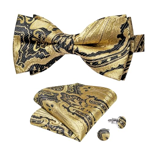 Image of DiBanGu Paisley Pre-Tied Bow Ties for Men Silk Adjustable Bowtie and Pocket Square Cufflinks for Wedding Party
