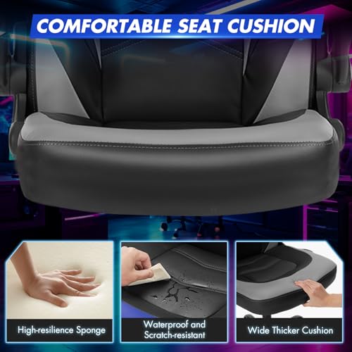 Image of Sweetcrispy Computer Video Game Desk Chair: Ergonomic Comfy Lumbar Support, PU Leather with Flip-up Armrest, Height Adjustable and 360 Swivel, for Adults, Black Grey