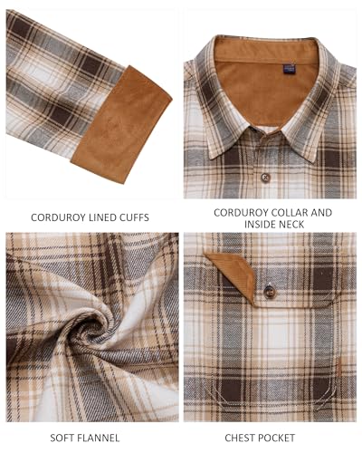 Alimens & Gentle Men's Plaid Shirt Long Sleeve Flanel Button Up Shirts Winter Outdoor Utility Tops with Pocket Khaki White XL - Image 5