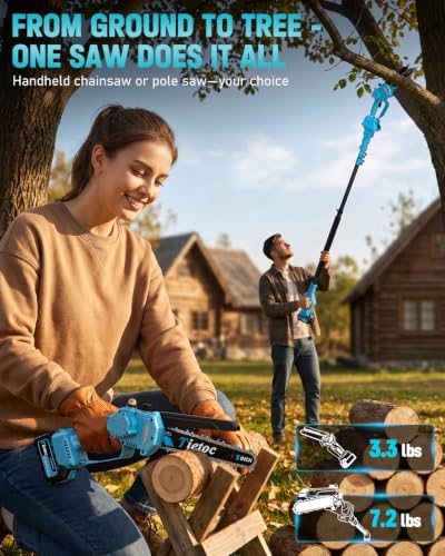 Image of TIETOC 2-in-1 Brushless Pole Saw for Tree Trimming - 8 /6 inch Mini Electric Chainsaw with 2x4000mAh Batteries, Auto Oiling, Tool-Free Adjustment,Cordless Battery Powered Saw for Home Garden Branch Cutting