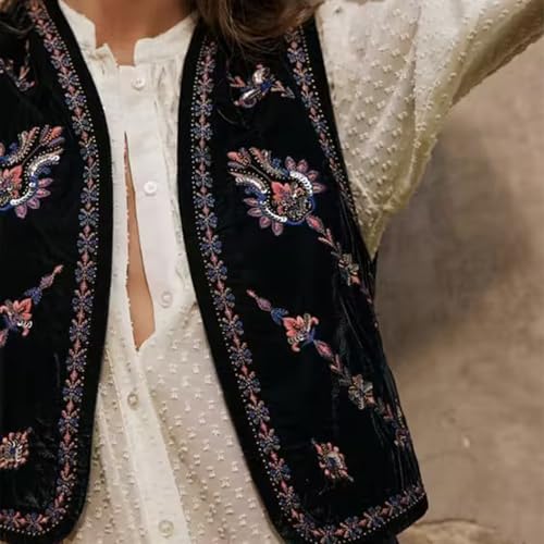 Image of Women Vintage Floral Embroidered Vest Y2K Sleeveless Open Front Cardigan Boho Linen Cropped Waistcoat
