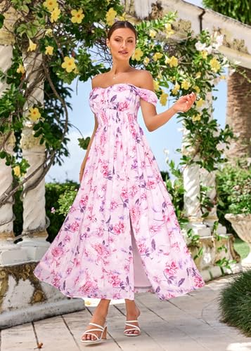 Image of GRACE KARIN 2026 Women's Summer Floral Wedding Guest Dress,Beach Flowy A Line Maxi Off Shoulder Bridesmaid Dresses