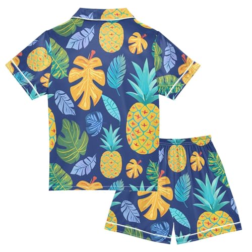 ALAZA Tropical Leaf Pineapple Fruit Pajamas Satin Pajama Set Short Sleeve Button Down Sleepwear2