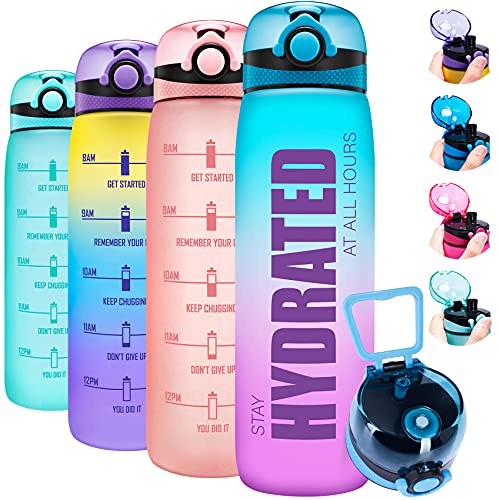 Elvira 32oz Motivational Water Bottle with Time Marker & Removable Fruit Infuser, Leakproof BPA Free Wide Mouth, Ensure You Drink Enough Water Daily for Fitness and Outdoor Activity-Ombre Green Purple