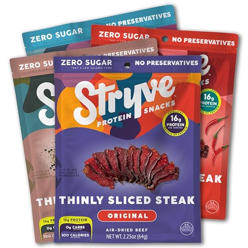 Stryve - Better Than Jerky Steak Snacks Protein Rich, Beef Biltong | 36g Protein, Sugar Free, Carbs Free, Gluten Free, Dairy Free, Keto & Paleo Friendly | Variety Pack, Pack Of 4