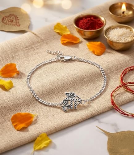 Image of Parnika 925 Pure 92.5 Sterling Silver Bro Floral Mor Pankh Flute Evil Eye Veera Shankh Rakhi Bracelet for Brother | Hallmarked Silver Raksha Bandhan Rakhi | Premium Adjustable Rakhi Gift