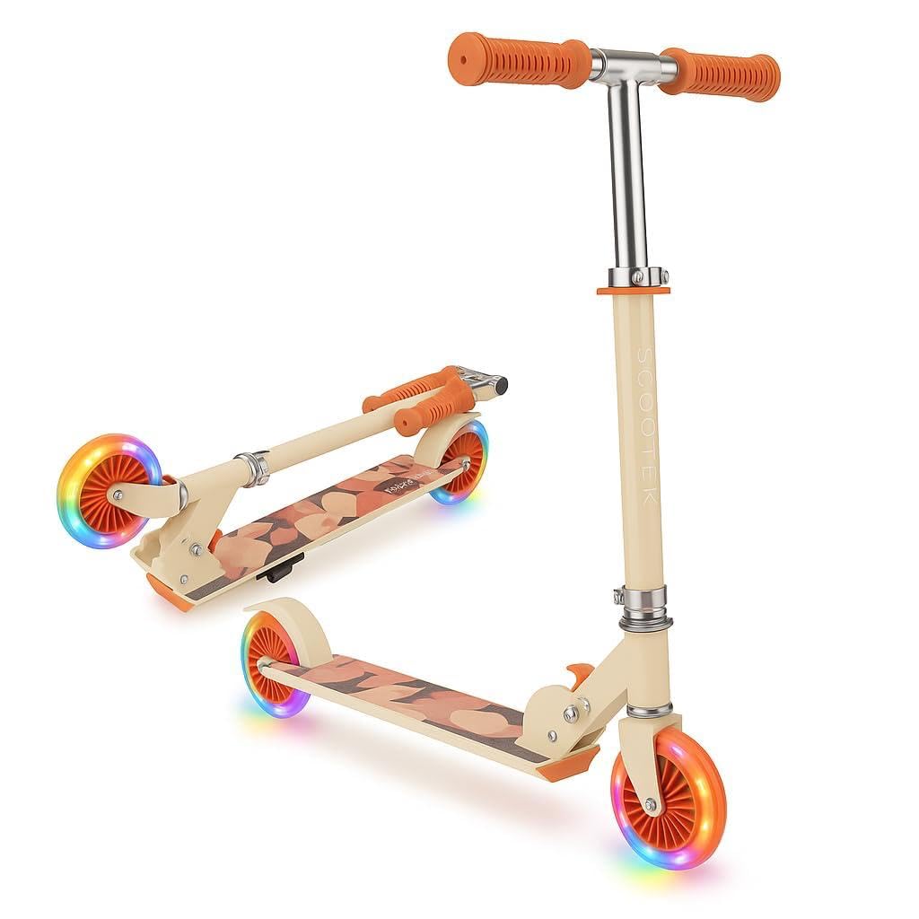 Scale Sports Scooter for Kids Ages 4-7, 2 Wheels Light Up Gift Scooters for Girls Boys Ages 6-12, Easy Folding Kids Scooter with 3 Levels Adjustable Handlebar and Rear Brake (Cream)
