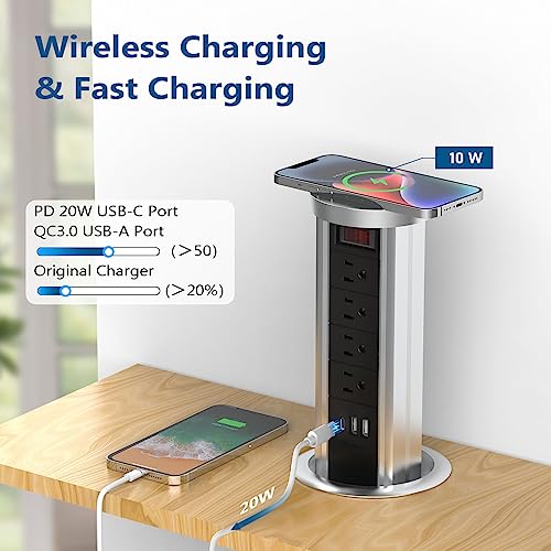Btu JTL1101F Pop Up Outlet For Countertop, Receptacle Power Strip With Usb C & 4 Ac Outlet, Pull Popup Outlet Recessed Power Socket With 10W Wireless Charger For Kitchen Conference Office thumb #3