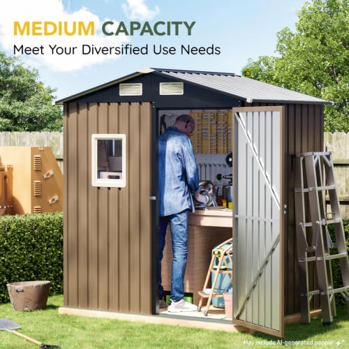 Image of Breezz 6x4FT Outdoor Steel Storage Shed, Lockable Doors, Compact Metal Tool Shed for Garden, Backyard, Patio, Utility, and Bike Storage,Brown