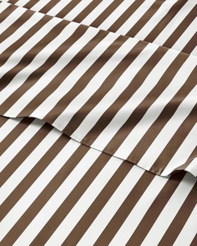 Image of Queen 4 Piece Striped Sheet Set - Soft, Breathable & Cooling - Brown Stripe | 1 Flat, 1 Fitted & 2 Pillowcases w / Deep Pockets, Luxury Striped Bedding, Soft, Breathable & Cooling, Wrinkle & Fade Free