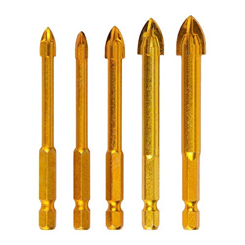 Cristal  Juego de brocas, 5 unidades 6/6/8/10/12 mm Cambio revestimiento de titanio de cristal Cruz lanza cabeza de vástago hexagonal juego de brocas para azulejos de cerámica mármol cristal de