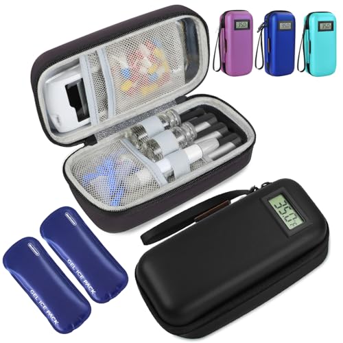 Insulin Cooler Travel Case Portable Temperature Display Medicine Travel Cooler Diabetes Case with 2 Reusable Ice Packs TSA Approved for Diabetic Supplies Patent Pending(Black)
