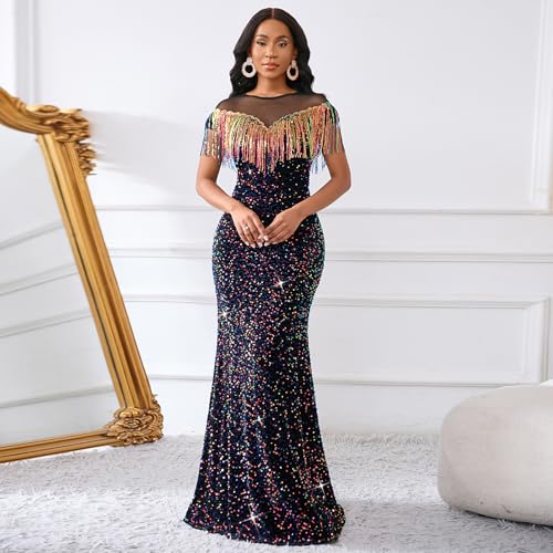 Image of Cololura Sexy Sequin Tassel Mesh Perspective Party Cocktail Bodycon Evening Club Maxi Dress