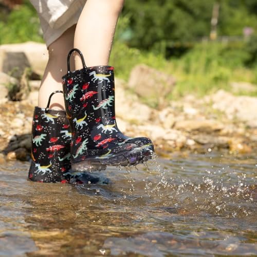 EUXTERPA Kids Toddler Light Up Rain Boots Boys Waterproof Patterns and Glitter Boots with Easy On Handles, Black Dinosaur, Little Kid Size 11 - 1