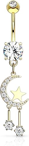 Pierced Owl - 14GA Stainless Steel Crystal Paved Crescent Moon and Stars Dangling Belly Button Ring